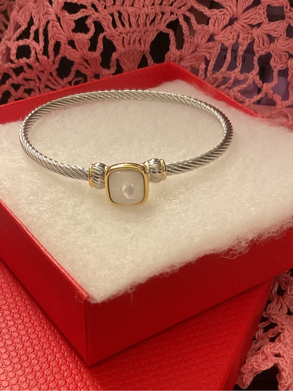 Silver-Tone Cable Bangle with Gold Accent and Pearl Cabochon